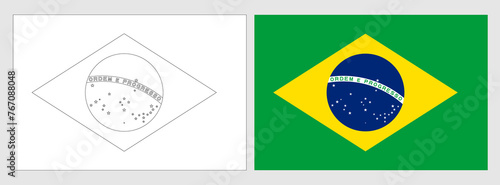 Brazil flag - coloring page. Set of white wireframe thin black outline flag and original colored flag.