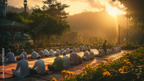 A group of people in white attire praying outdoors at sunset, surrounded by lush greenery and architecture, exuding peace and spirituality.
