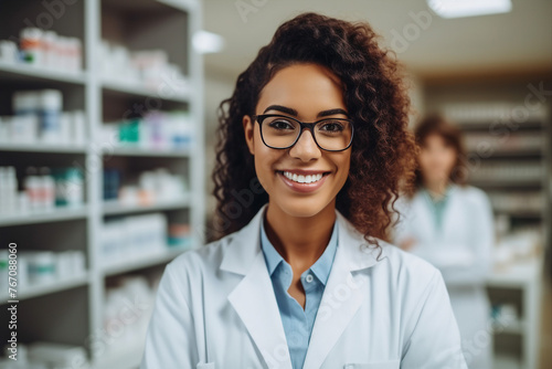 Smiling cheerful confident pharmacist in drugstore store shop Generative AI