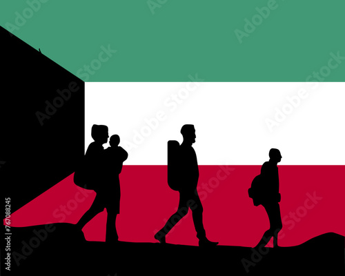 Immigration and refugees front of Kuwait flag, immigrant and refugee concept