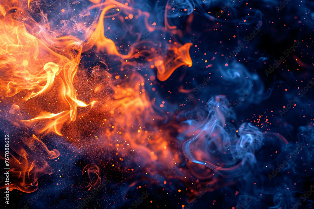 Fototapeta premium Fire burning on black background smoke and flames.