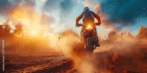 back of man rider on sport enduro motorcycle races on dusty desert at sunset photo