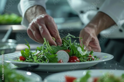 In the kitchen of an upscale restaurant, the chef is meticulously preparing a colorful salad to be served on a pristine plate