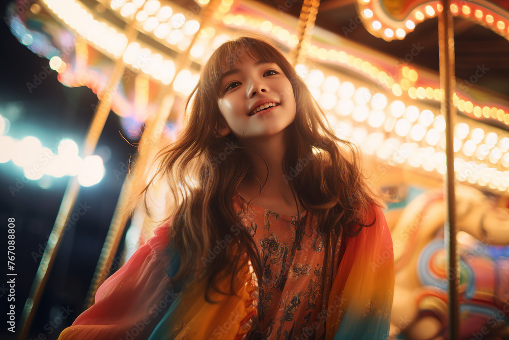 Generated AI image of happy little baby child having fun on a carousel at an amusement park in the evening Generated AI image of happy little baby child having fun on a carousel at an amusement park in the evening