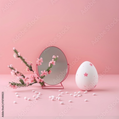  Easter egg with mirror on pastel pink background. Minimal spring Easter decoration decoration concept