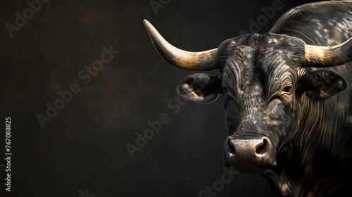 Black bull with big horns looking at the camera on a dark background.