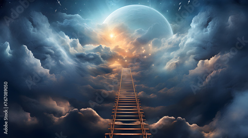 Stairway to paradise. Religion for man. The way to heaven. Religious origin. Stairway through the clouds to the heavenly light. Transition to another world. Life after death photo