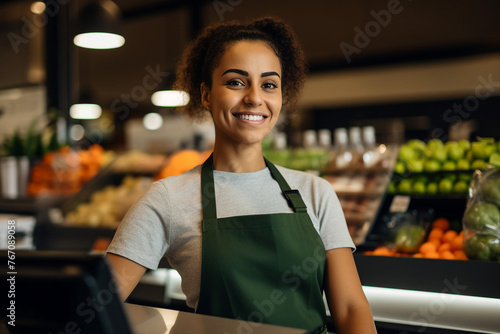 Smiling person working in supermarket grocery store department Generative Ai picture