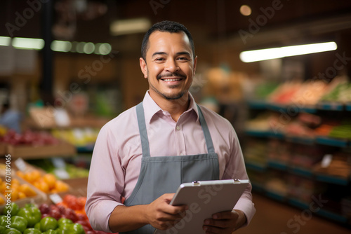 Smiling person working in supermarket grocery store department Generative Ai picture © Tetiana