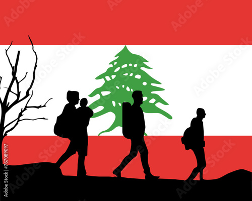 Immigration and refugees front of Lebanon flag, immigrant and refugee concept