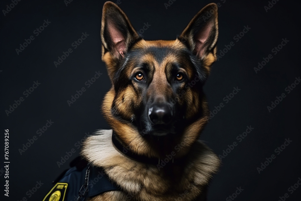 Generative AI image of rescue dog police patrol isolated on dark background Generative AI image of rescue dog police patrol isolated on dark background