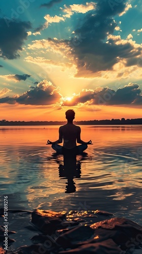 Man in yoga pose, zen meditation at sunset  © CREATIVE STOCK