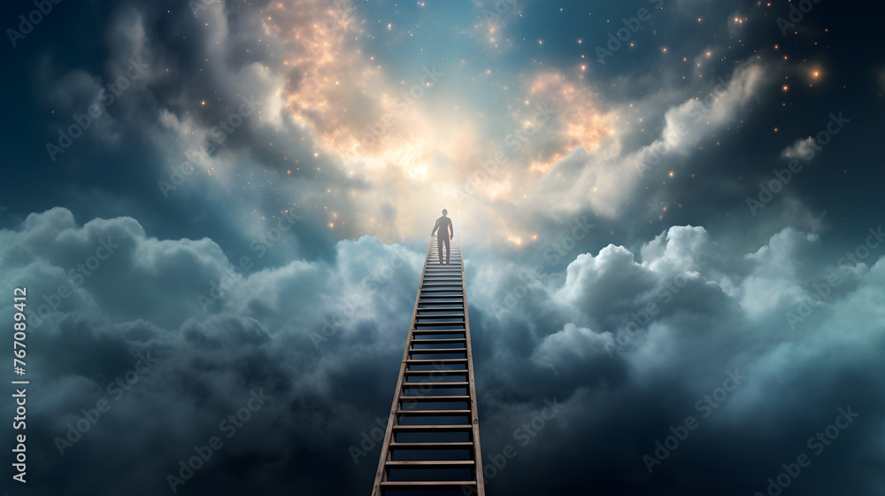 Man steps up the stairs to heaven. Religion for man. The way to heaven. Religious origin. Transition to another world. Concept of life after death