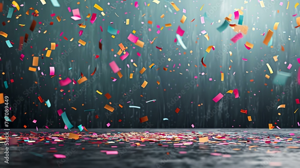 Colorful confetti falling on the floor with a dark background.