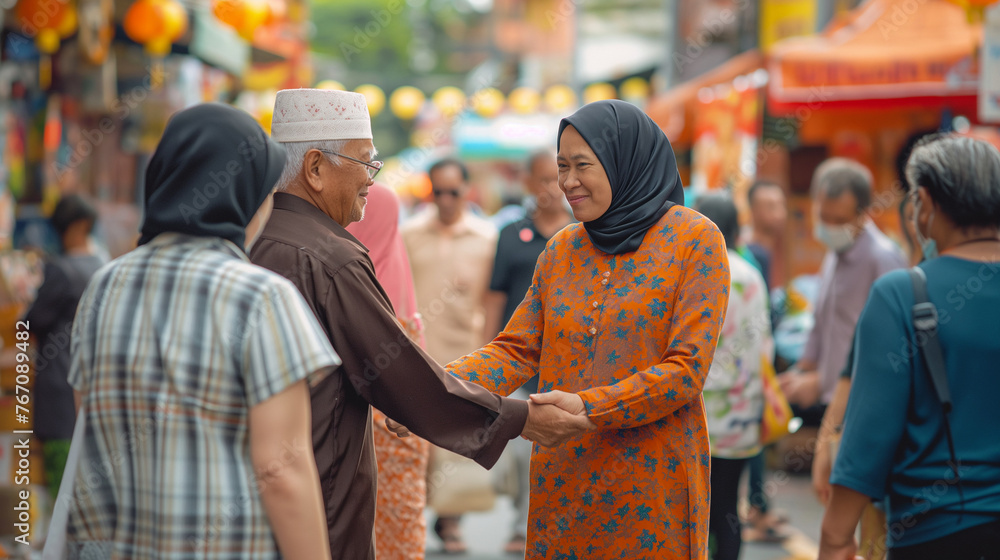 Two individuals warmly shaking hands in a bustling street, embodying a moment of neighborly connection amidst urban life