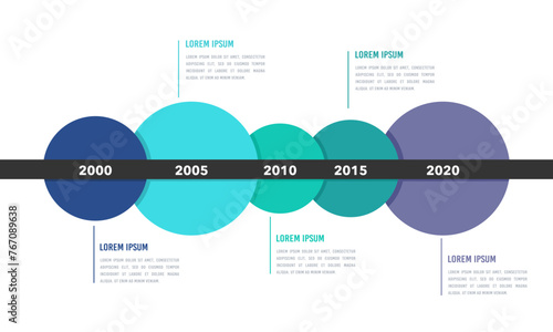 Business timeline template. Important business event infographics with 5 circles. Vector illustration.