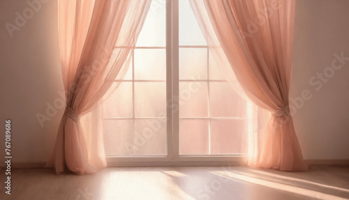 Window with delicate beige-pink translucent curtains in an empty room