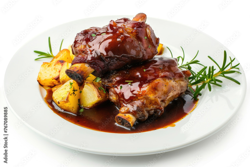 A dish featuring marinated pork knuckle in wine sauce served with baked potato