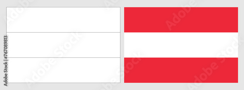 Austria flag - coloring page. Set of white wireframe thin black outline flag and original colored flag.