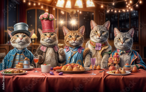 Group of cats celebrating a dinner party created with Generative AI technology