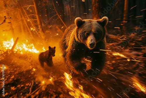 Mother bear with cubs escaping a forest fire. Concept of forest fire danger.