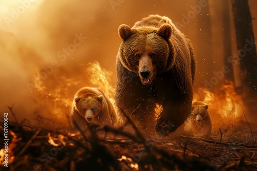 Mother bear with cubs escaping a forest fire. Concept of forest fire danger.