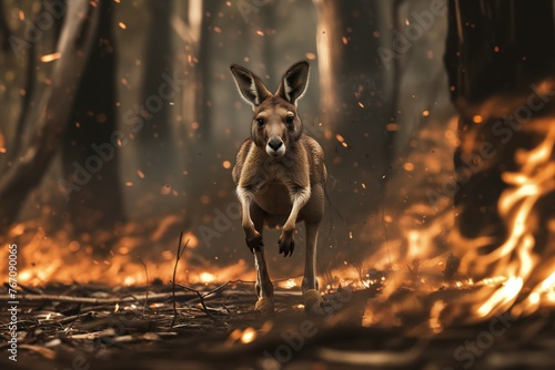 Kangaroo escaping a forest fire. Concept of forest fire danger.
