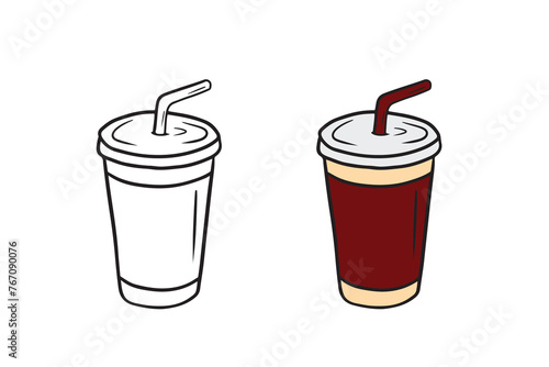 Disposable plastic carton cup with straw for tea, coffee, soda drink in red colors isolated on white background. Hand drawn vector sketch illustration in doodle engraved vintage style. Coloring book.