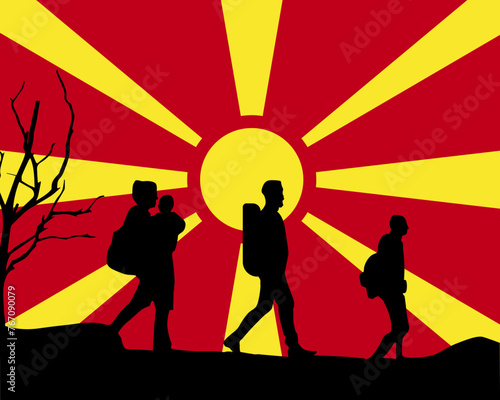 Immigration and refugees front of Macedonia flag, immigrant and refugee concept