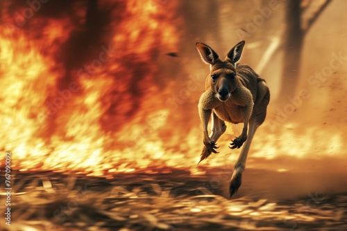 Kangaroo escaping a forest fire. Concept of forest fire danger.