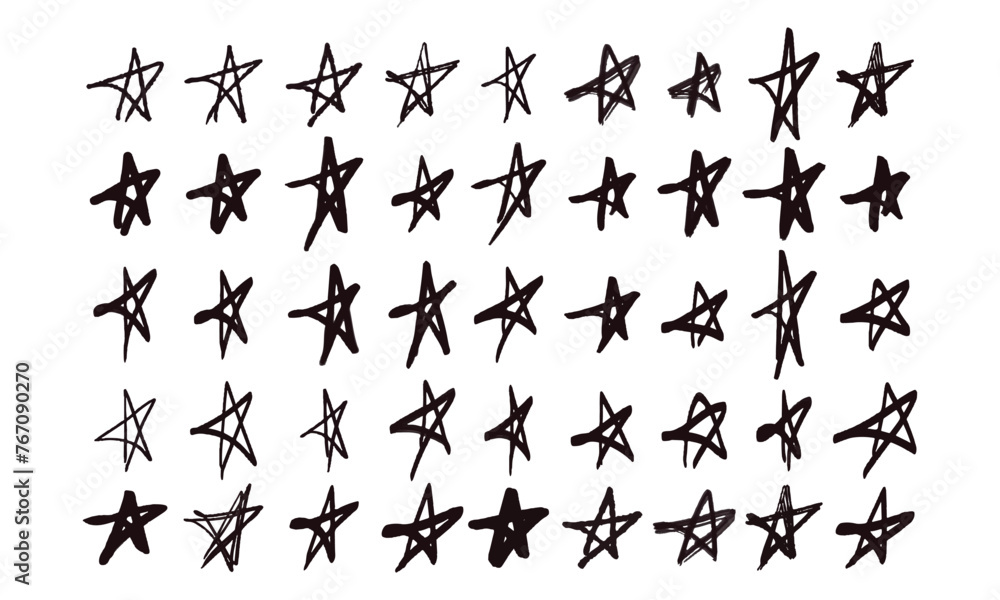 Strikethroughs and scribbles. 45 randomly drawn squiggles and doodles. Vector set of handwritten stars