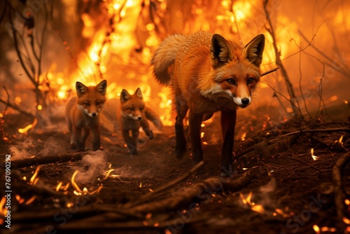 Mother fox with her cubs running from the fire in the woods. Concept of forest fire hazard.