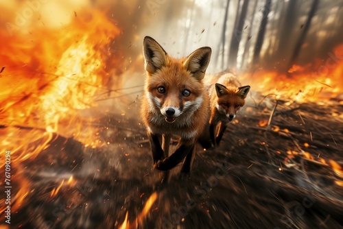 Mother fox with her cubs escaping a forest fire. Concpt of forest fire danger.