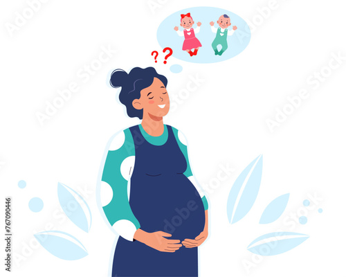 Happy young mother expecting for baby. Pregnant dreaming about of her future baby. Boy or girl. Gender of child