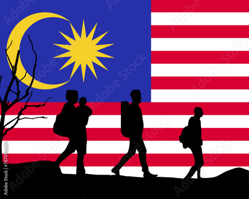 Immigration and refugees front of Malaysia flag, immigrant and refugee concept