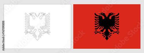 Albania flag - coloring page. Set of white wireframe thin black outline flag and original colored flag.