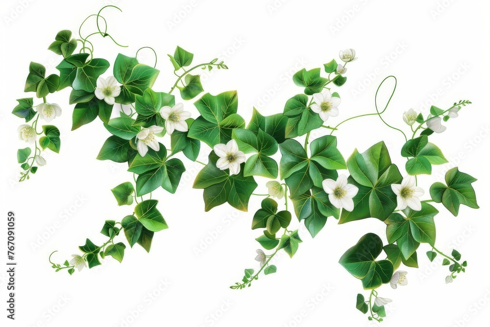 Green creeper plant with spring flowers isolated on white background, digital botanical illustration Green creeper plant with spring flowers isolated on white background, digital botanical illustration