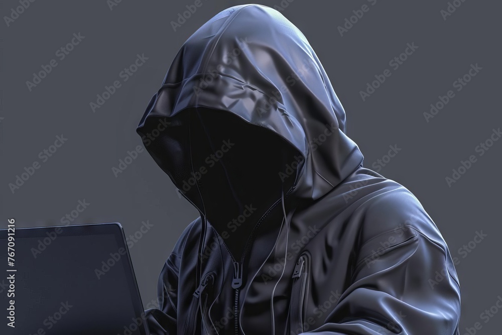 Hacker with laptop isolated on transparent background, 3D illustration concept Hacker with laptop isolated on transparent background, 3D illustration concept