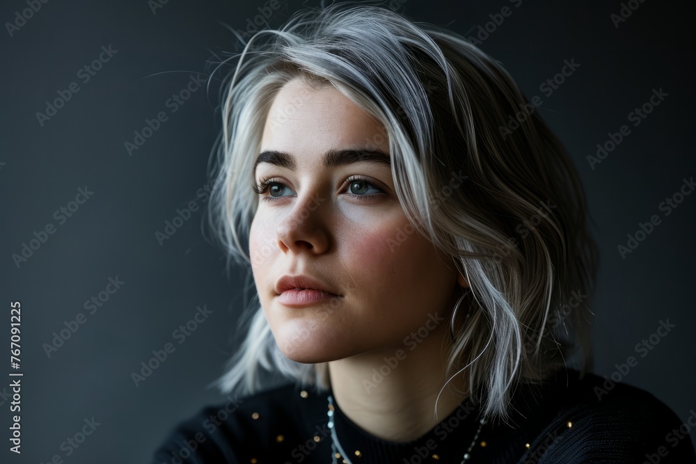Portrait of a beautiful girl with blond hair on a gray background Portrait of a beautiful girl with blond hair on a gray background