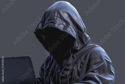 Hacker with laptop isolated on transparent background, 3D illustration concept