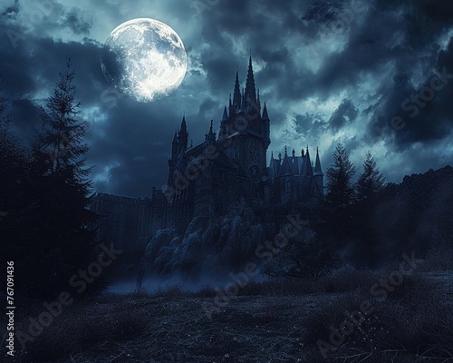 Dark fantasy castle, moonlit, ominous, wide shot, eerie atmosphere, 