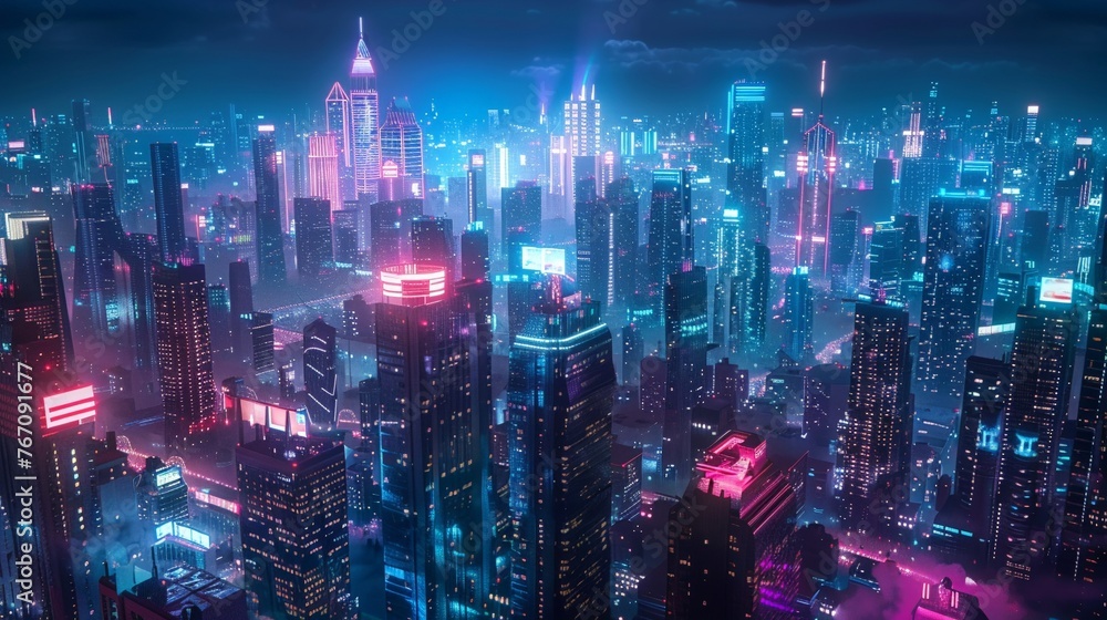 Future city skyline, neon lights, wide angle, bustling life, 