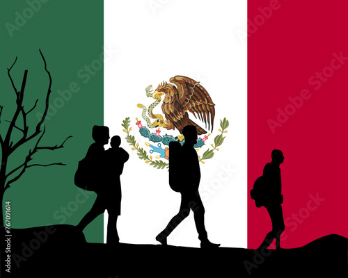 Immigration and refugees front of Mexico flag, immigrant and refugee concept