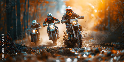motorcycle racers on sports enduro motorcycles in an off-road race riding on muddy road in forest photo