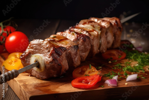 Shish kebab on a skewer on a wooden board served with tomatoes onions and herbs dark photo