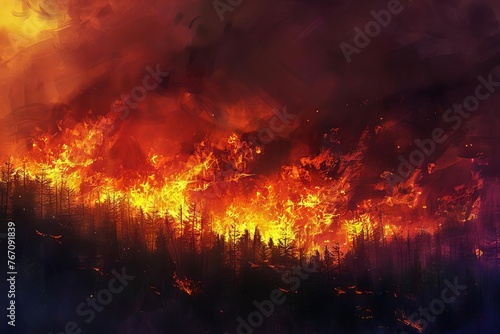 Intense forest fire raging out of control, dangerous wildfire, digital painting illustration