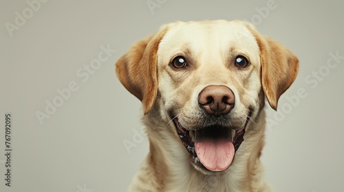 A studio shot of an adorable young Labrador Retriever with a happy expression on its face.