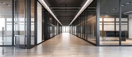 A showing a series of meeting rooms with glass walls and black doors in a lengthy corridor, symbolizing communication. Image is color-tinted.