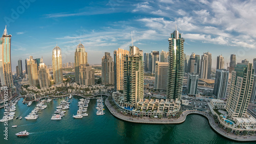Aerial top view at sunset timelapse of Dubai Marina in Dubai  UAE