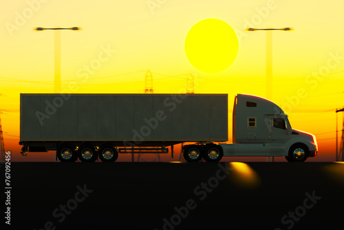 Vibrant Sunset Silhouette of a Semi Truck Cruising on a Busy Highway